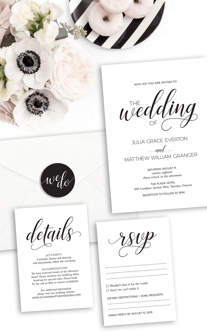Black and white modern wedding invitation suite