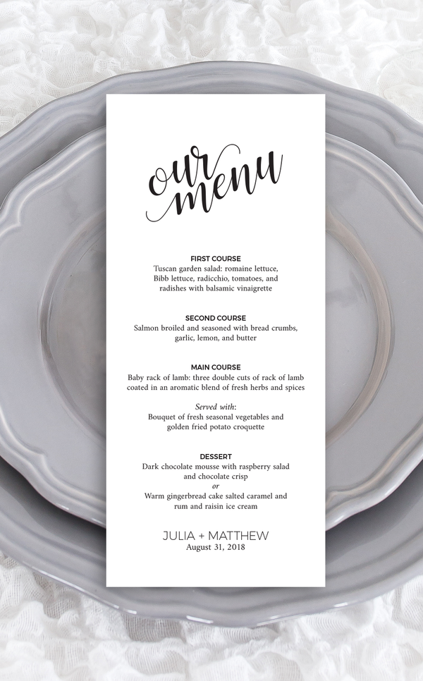 Black and white wedding menu template