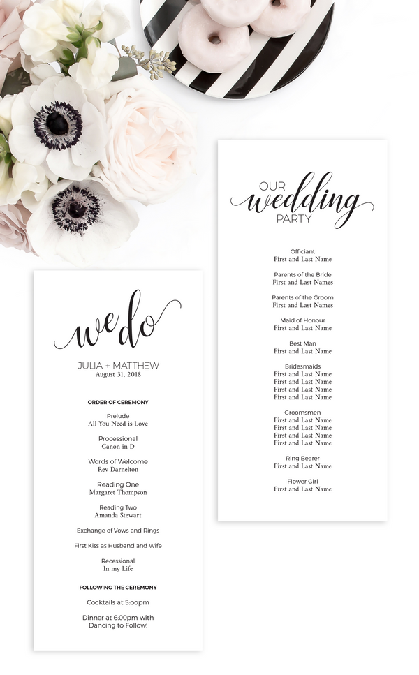 Wedding program front and back with ceremony and wedding party details, black and white