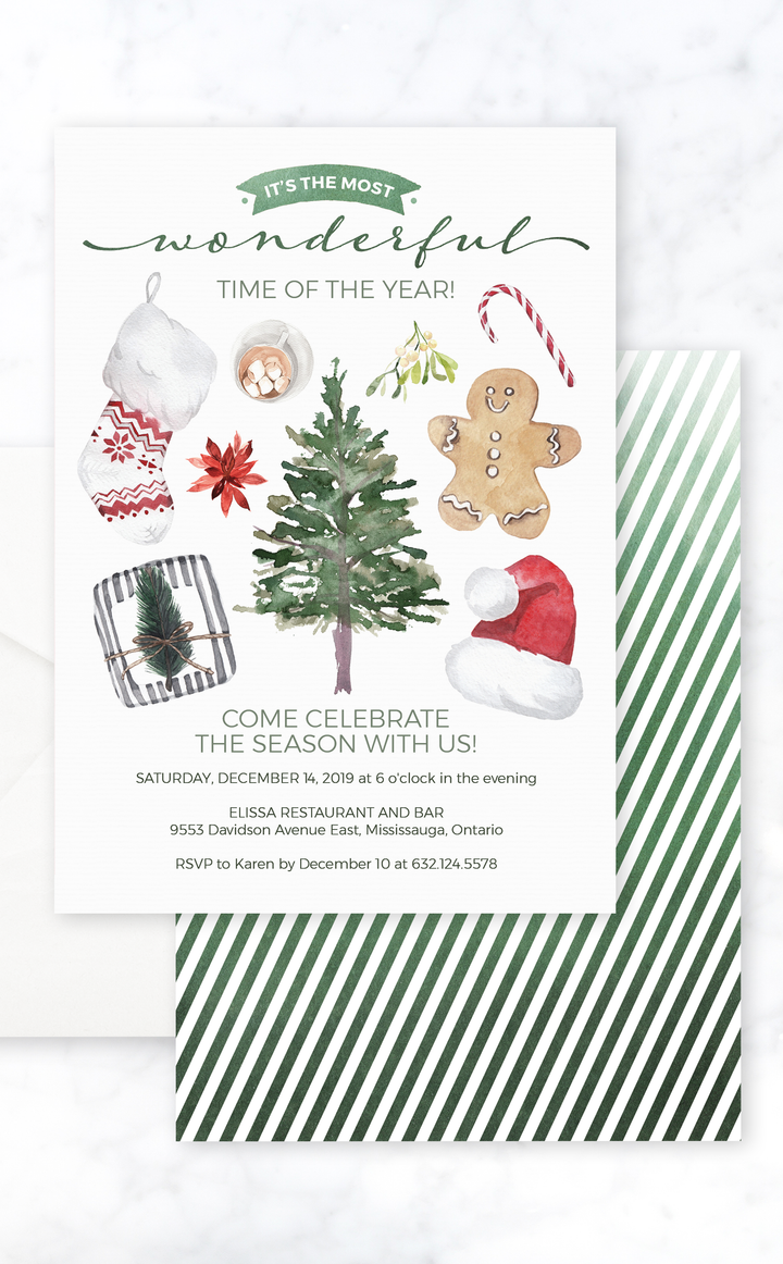 Christmas party invitation with Christmas tree, gingerbread, santa hat and stocking